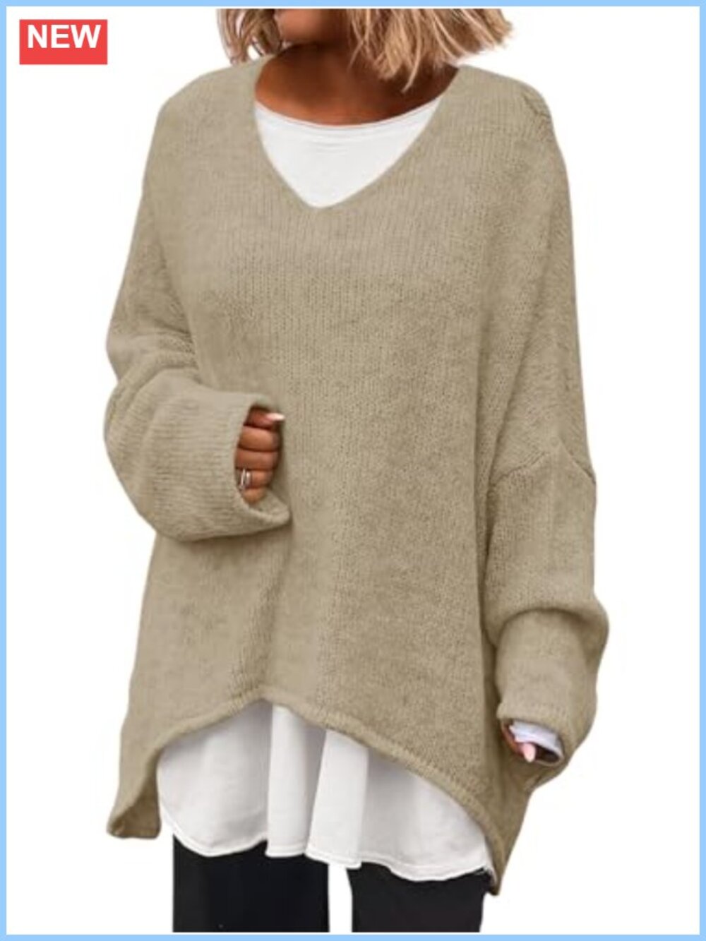 Oversized V Neck Batwing Long Sleeve Knit Slouchy Pullover Sweater